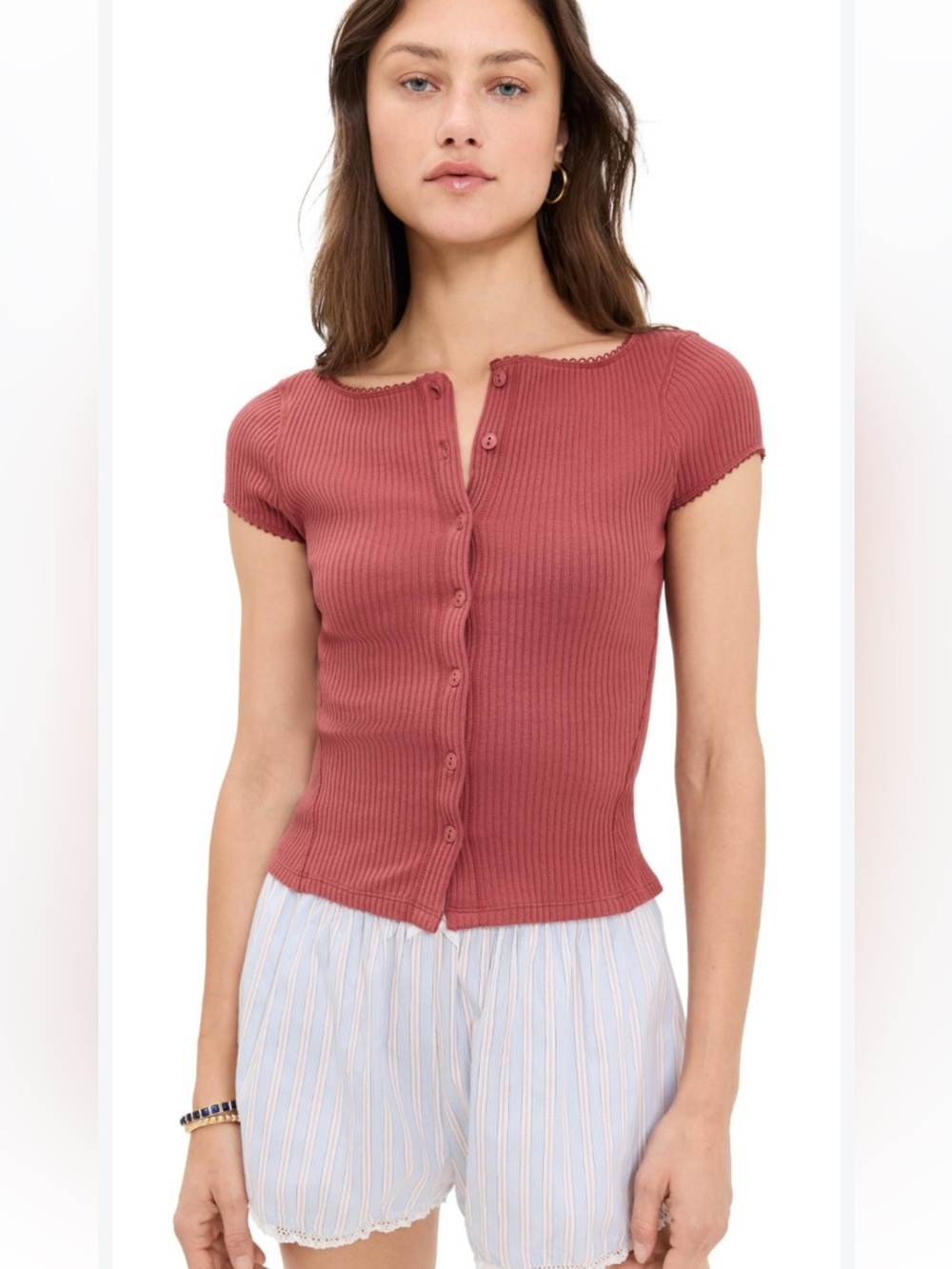 Free People Ribbed Button-Front Short Sleeve Top - Rosewood